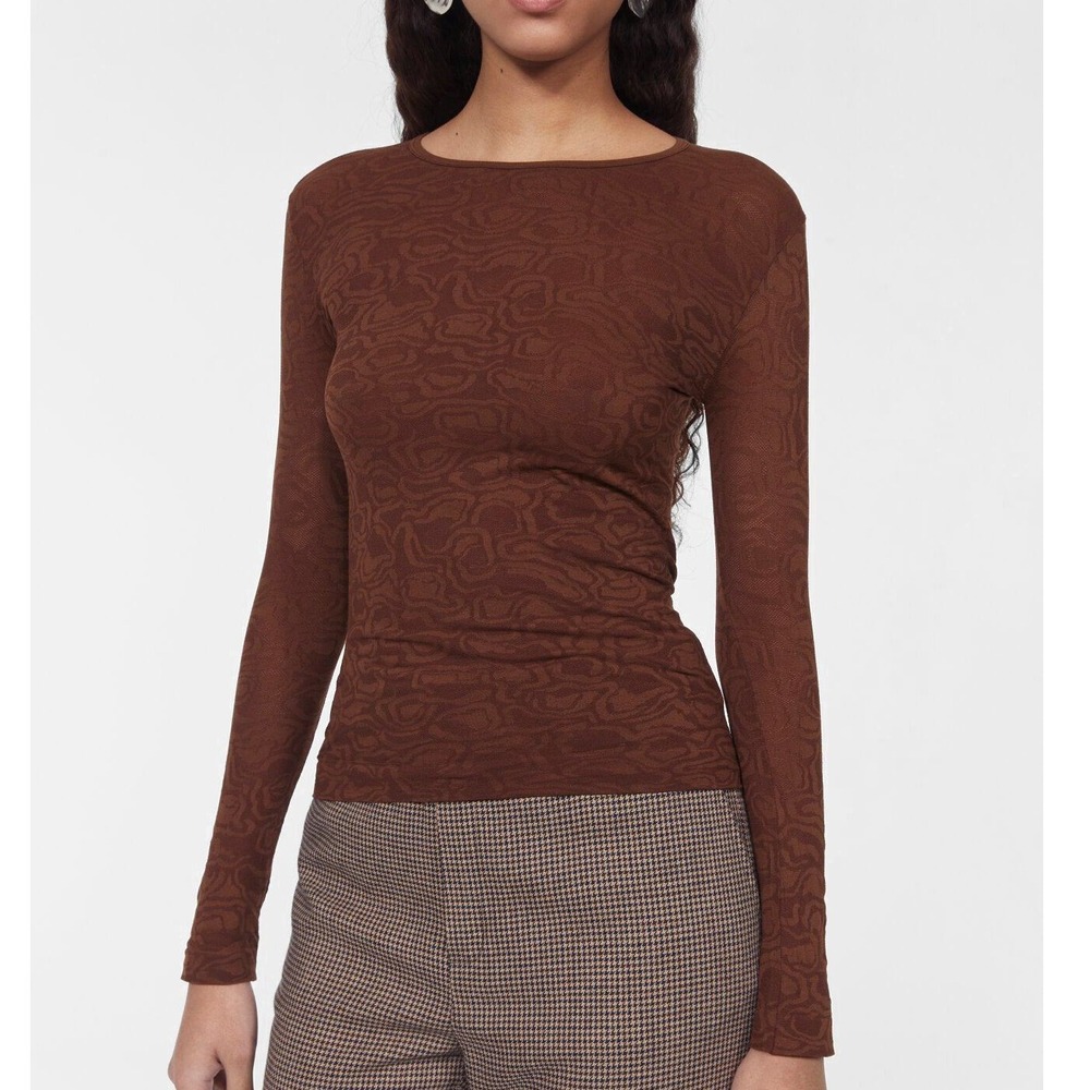 Rodebjer‎ Henna Top Brown Sheer Long Sleeve Abstract Mesh Stretch  Sz M/L